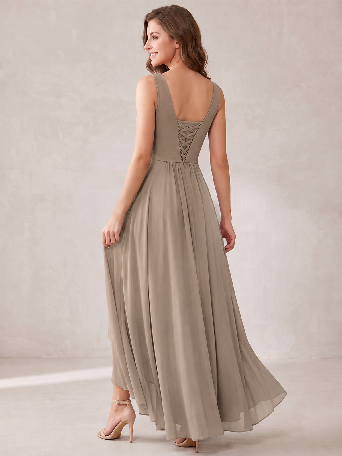 V-Neck High-Low Chiffon Bridesmaid Dress with Ruffles
