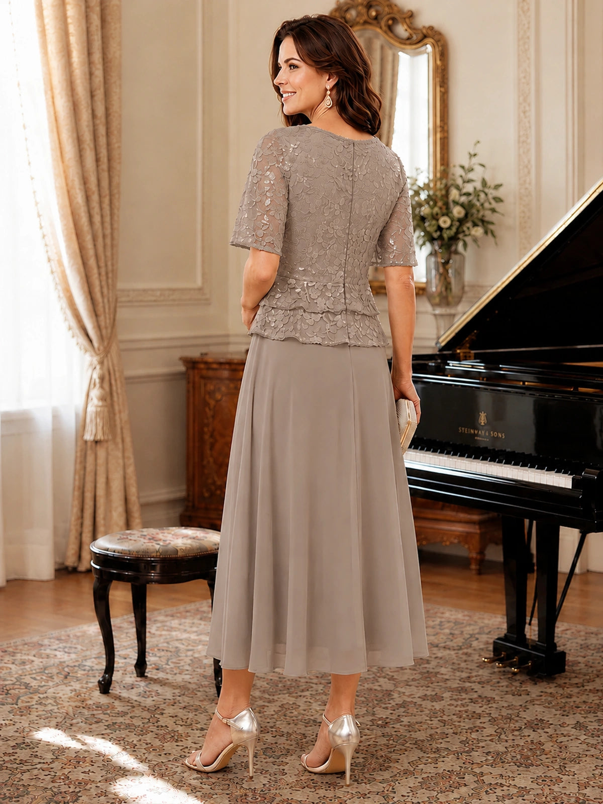 Tea-Length Chiffon Mother of the Bride Dress with Sequin Lace Sleeves