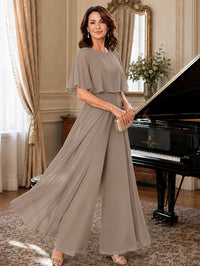 Chiffon Mother of the Bride Jumpsuit with Layered Cape Sleeves