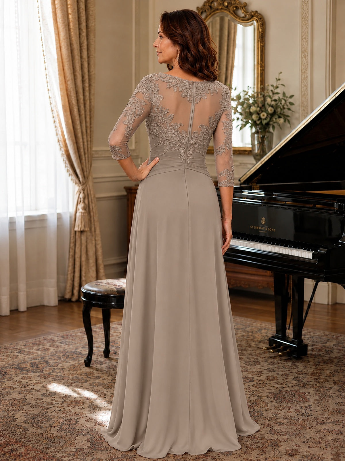 A-Line Chiffon Mother of the Bride Dress with Floral Applique 3/4 Sleeves