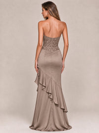 Strapless Lace Appliques Corset Satin Prom Dress Ruffle Slit Evening Gown
