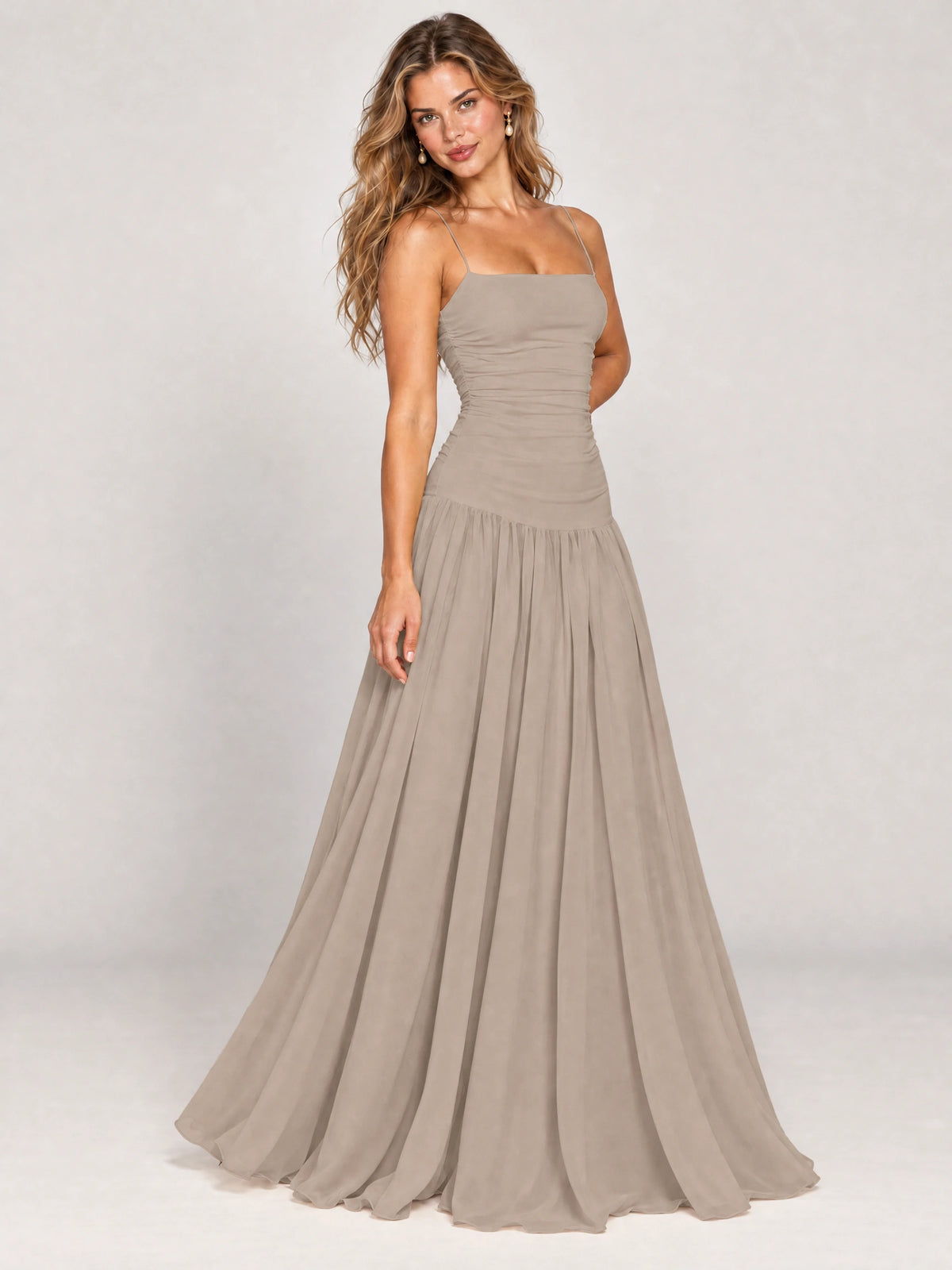 Butter Yellow Ruched Spaghetti Strap Drop-Waist Prom Dress
