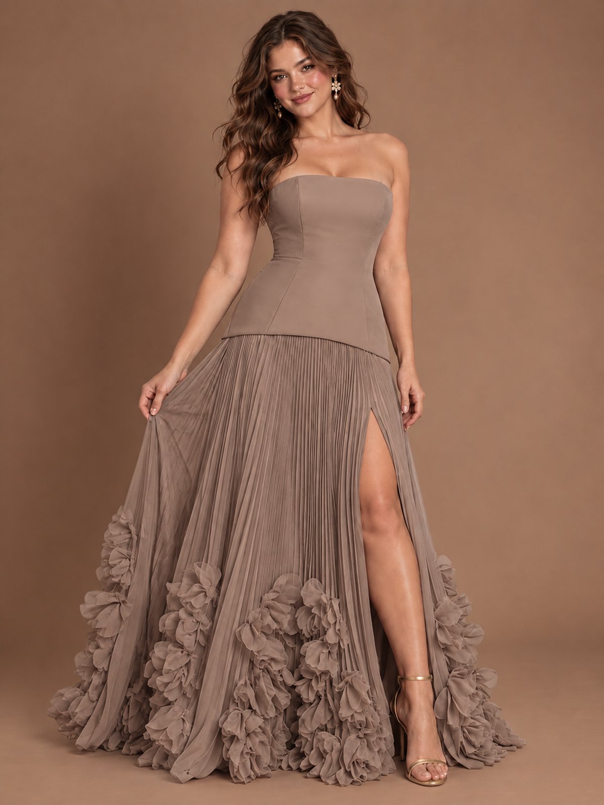 Strapless Pleated Floral Satin Formal Dress with Side Slit