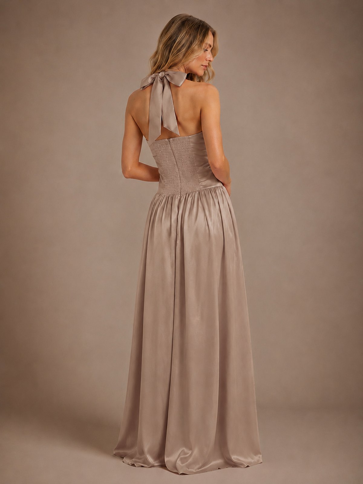 Pink V Neck Halter Satin Maxi Dress