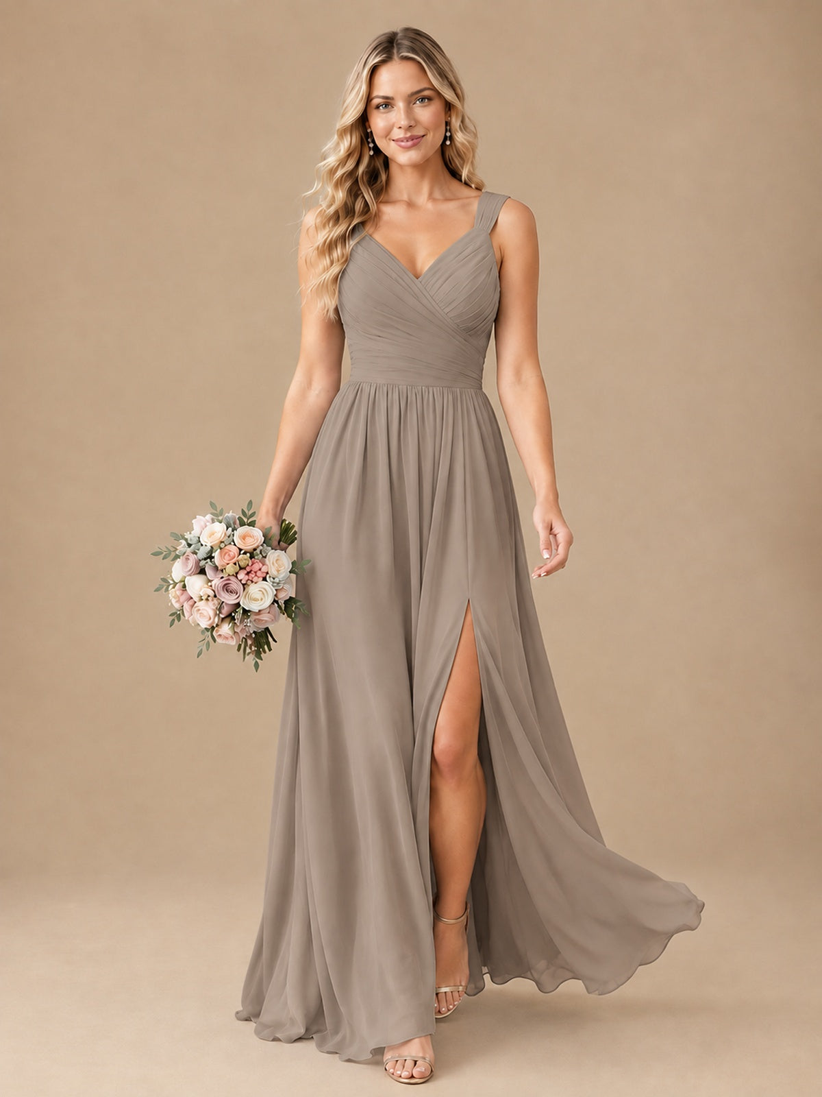 Pleated Chiffon V Neck Wedding Bridesmaid Dresses Floor Length with Slit