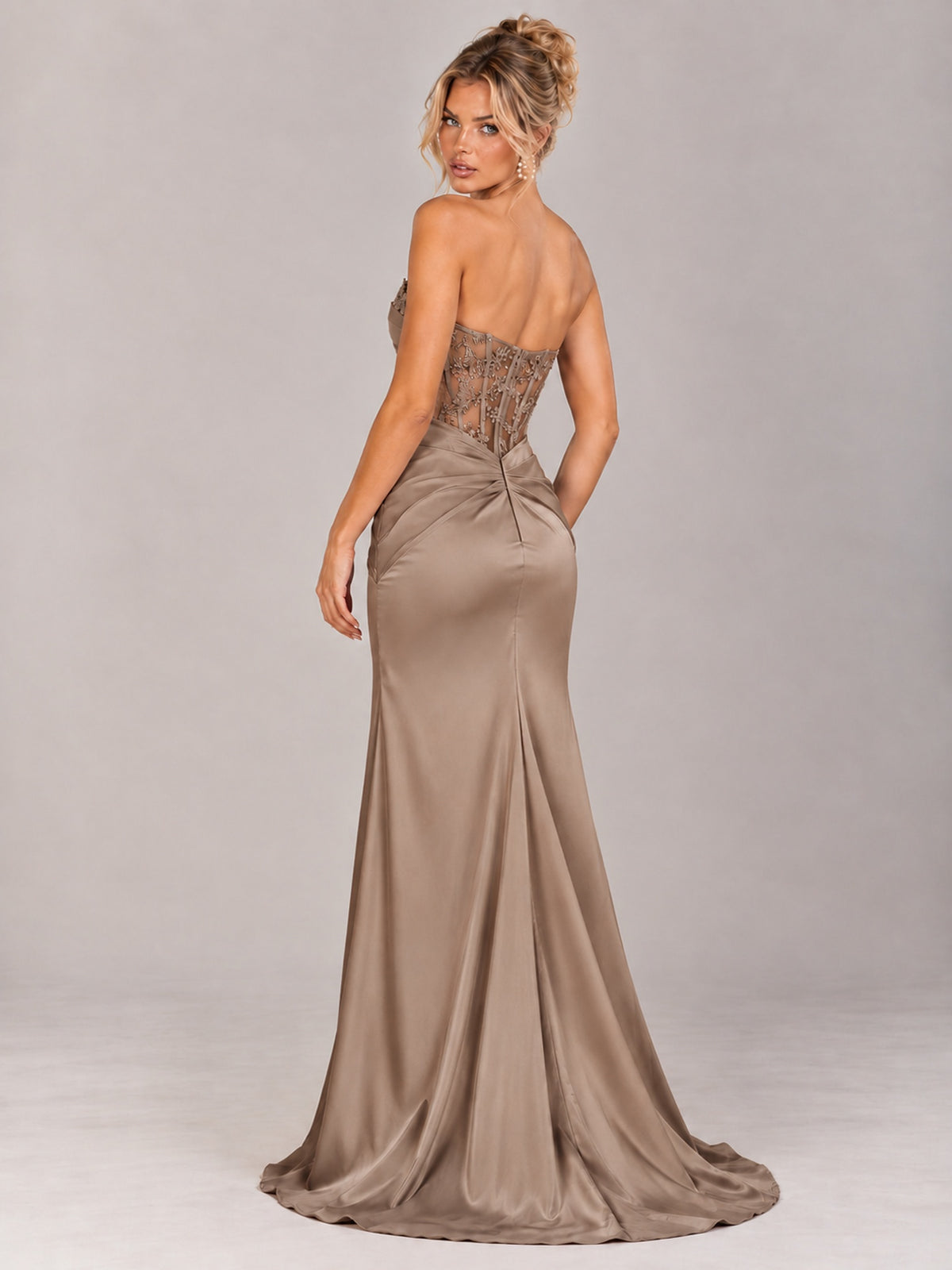 Strapless Satin Prom Dress with Sheer Lace Corset & High Slit