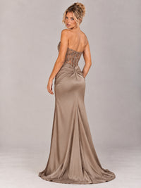 Strapless Satin Prom Dress with Sheer Lace Corset & High Slit