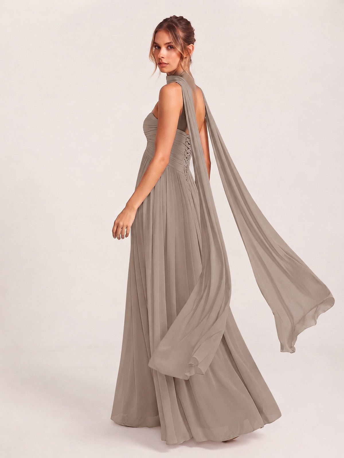 Strapless Ruched Chiffon Long Prom Dress with Scarf