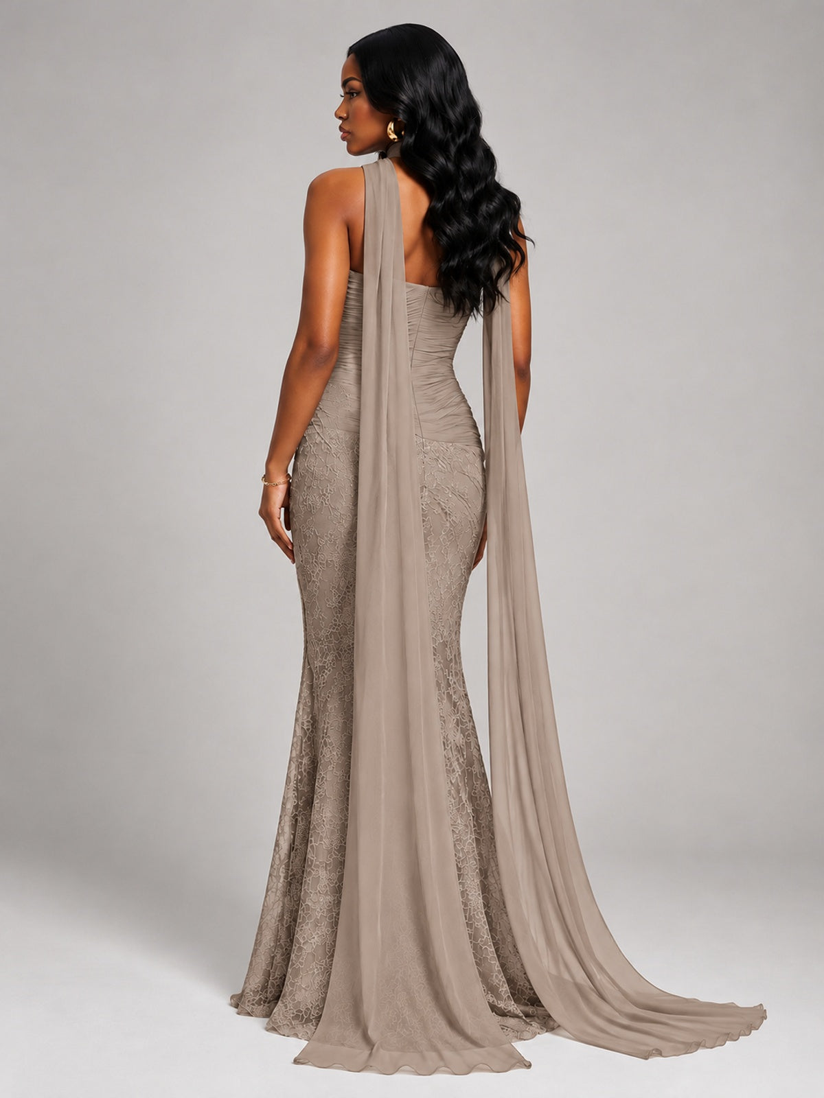 Pleated Chiffon Lace Prom Dresses Long Bodycon Mermaid with Scarf