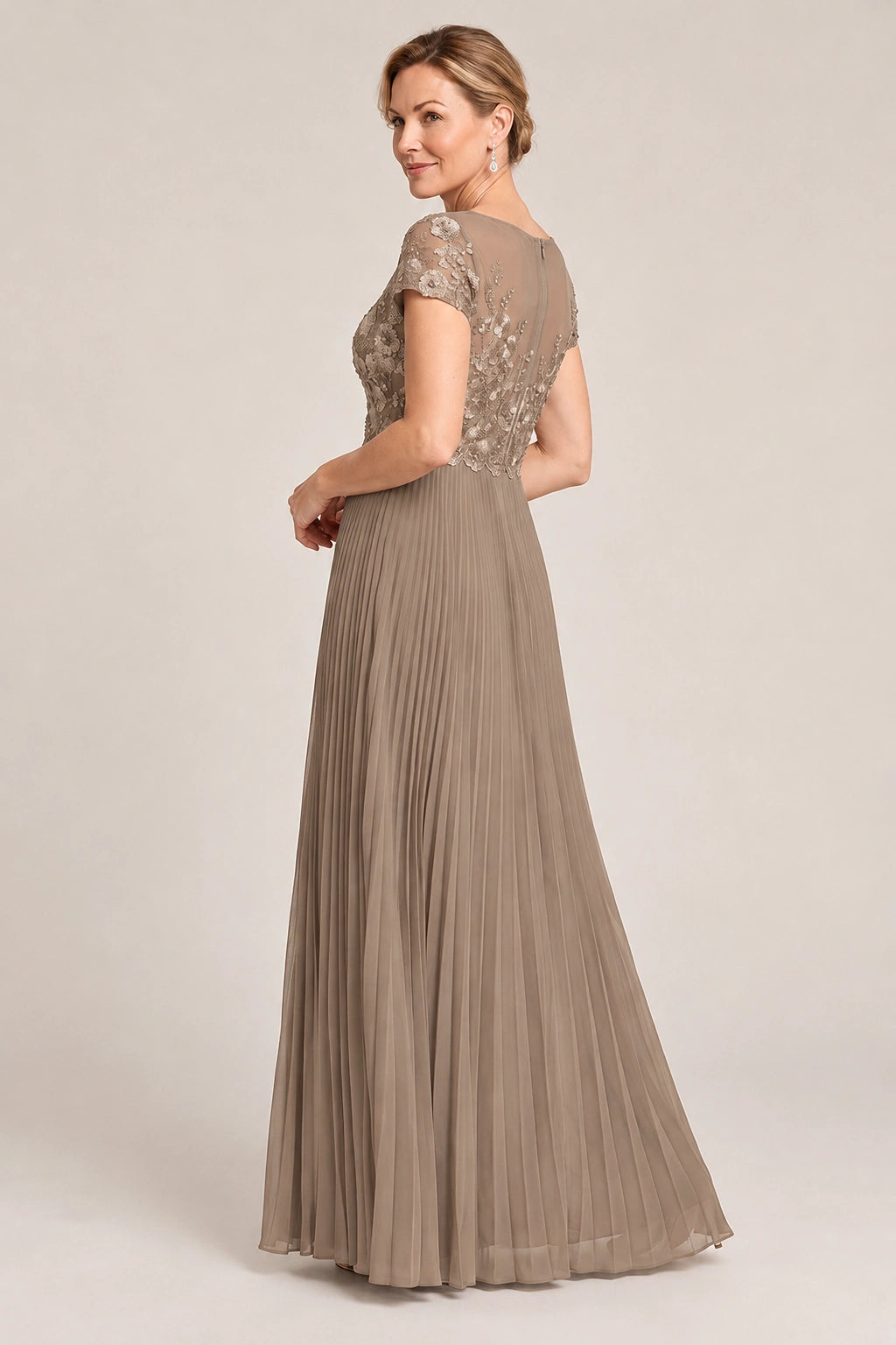 Embroidered Lace Pleated Mother of the Bride Dress