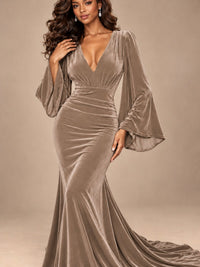 Burgundy Velvet Deep V-Neck Ruched Long Sleeve Maxi Dress