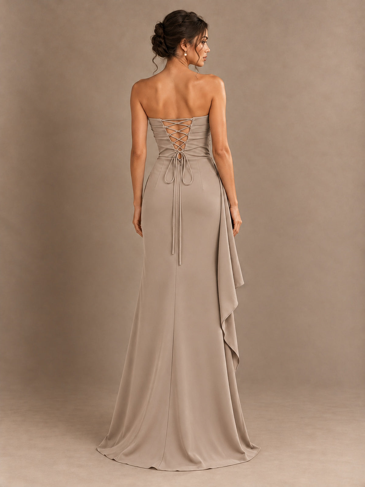 Black and White Strapless Ruched Prom Dress with High Slit & Side Drape