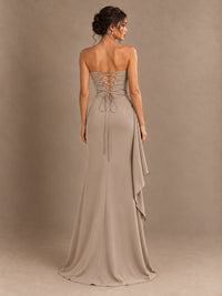 Black and White Strapless Ruched Prom Dress with High Slit & Side Drape