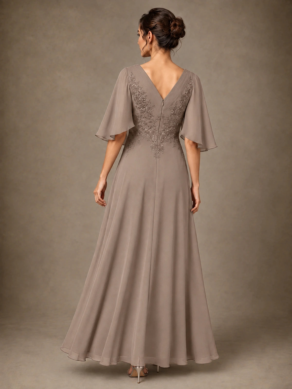 V-Neck Chiffon Lace Mother of the Bride Dress with Flutter Sleeves