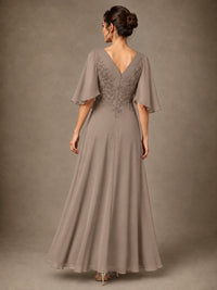 V-Neck Chiffon Lace Mother of the Bride Dress with Flutter Sleeves