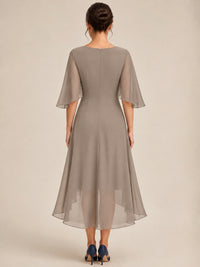 Cowl Neck Ruched Chiffon Mother of the Bride Dresses with Flutter Sleeves