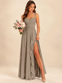 Spaghetti Straps Pleated Chiffon Bridesmaid Dress with Ruffle Slit