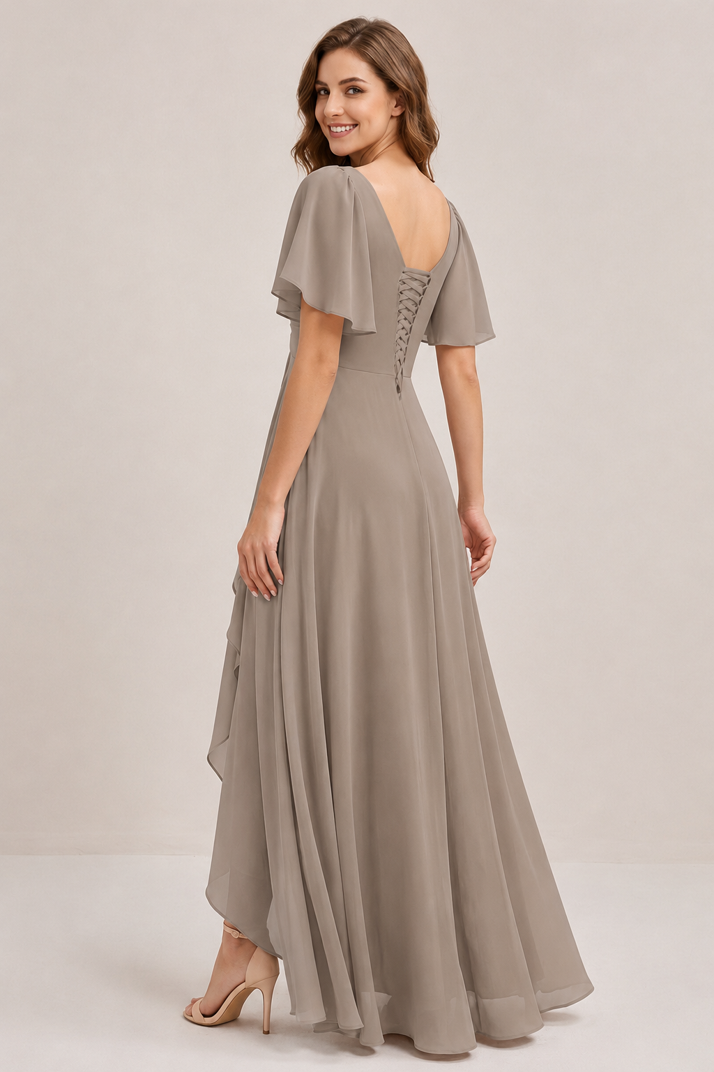 Dusty Blue Chiffon Bridesmaid Dress with Flutter Sleeves & High-Low Hem