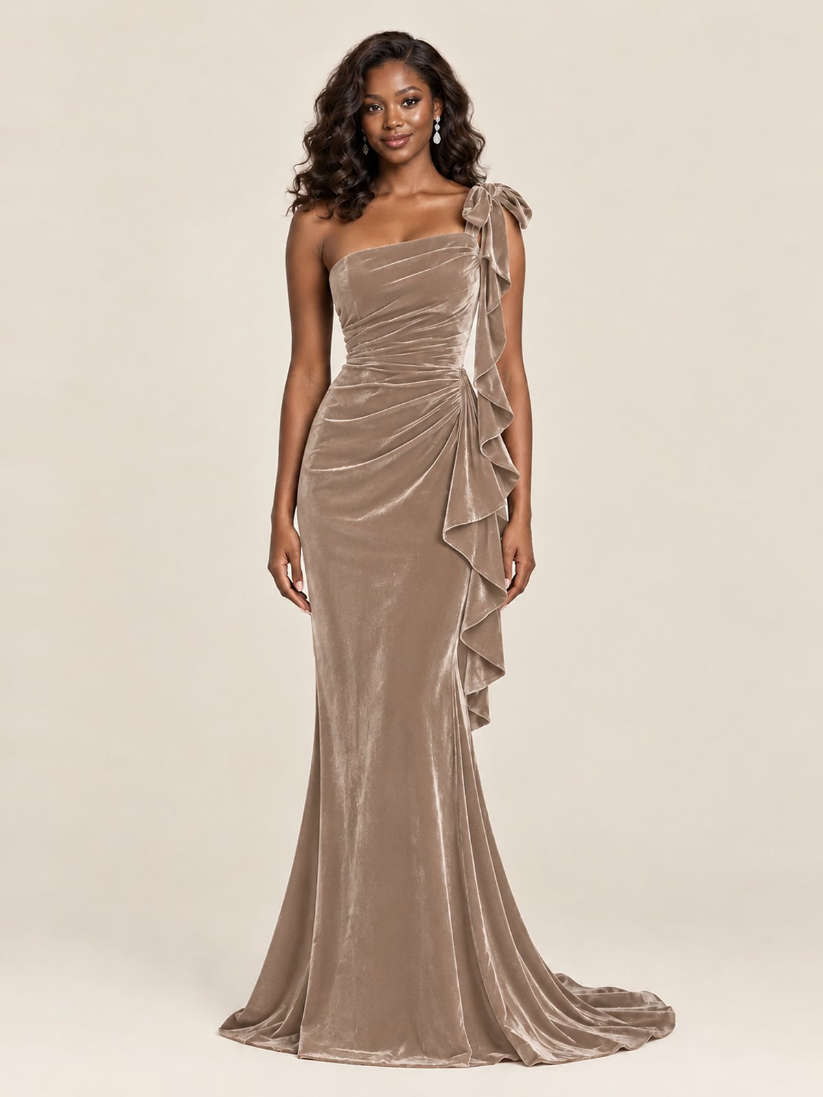Black Velvet One-Shoulder Mermaid Evening Gown with Bow & Ruffles