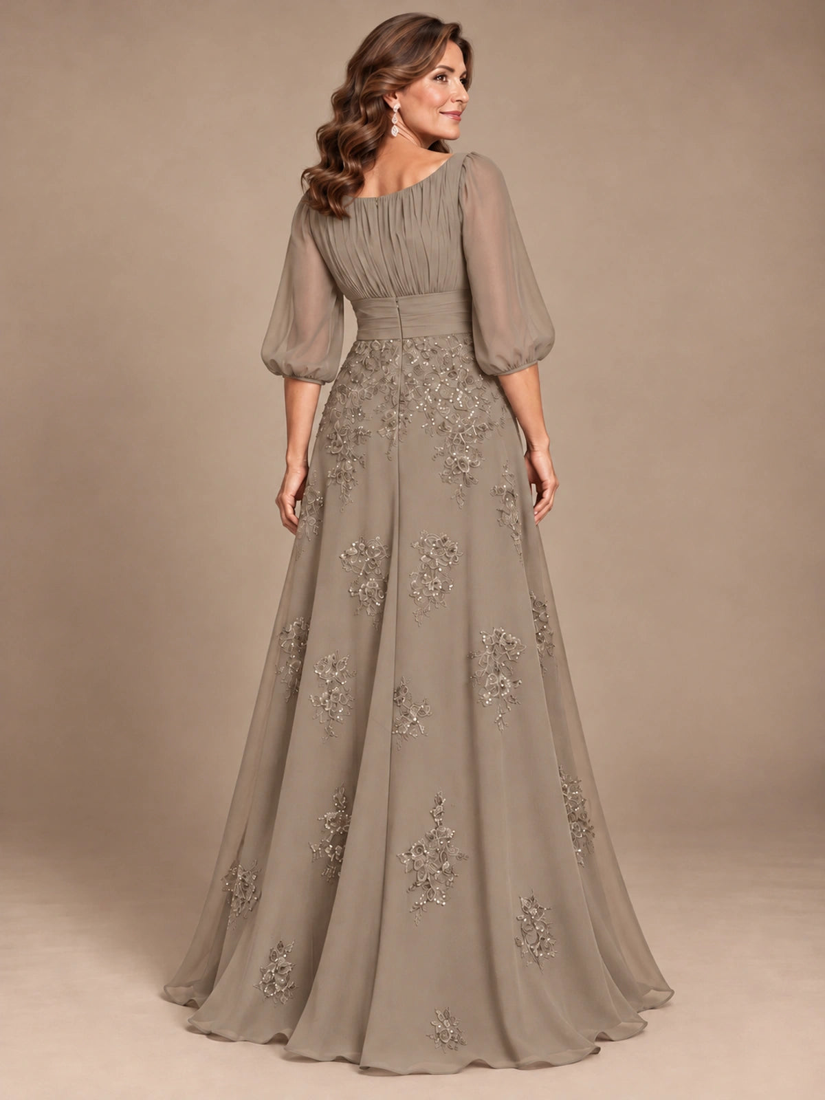 A-Line Mother of the Bride Dress with Sheer Puff Sleeves