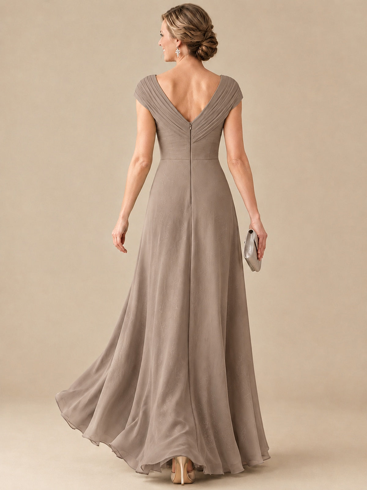 Pleated Chiffon Lace Mother of The Bride Dresses with Beading Cap Sleeves