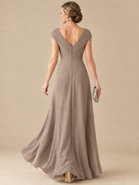 Pleated Chiffon Lace Mother of The Bride Dresses with Beading Cap Sleeves