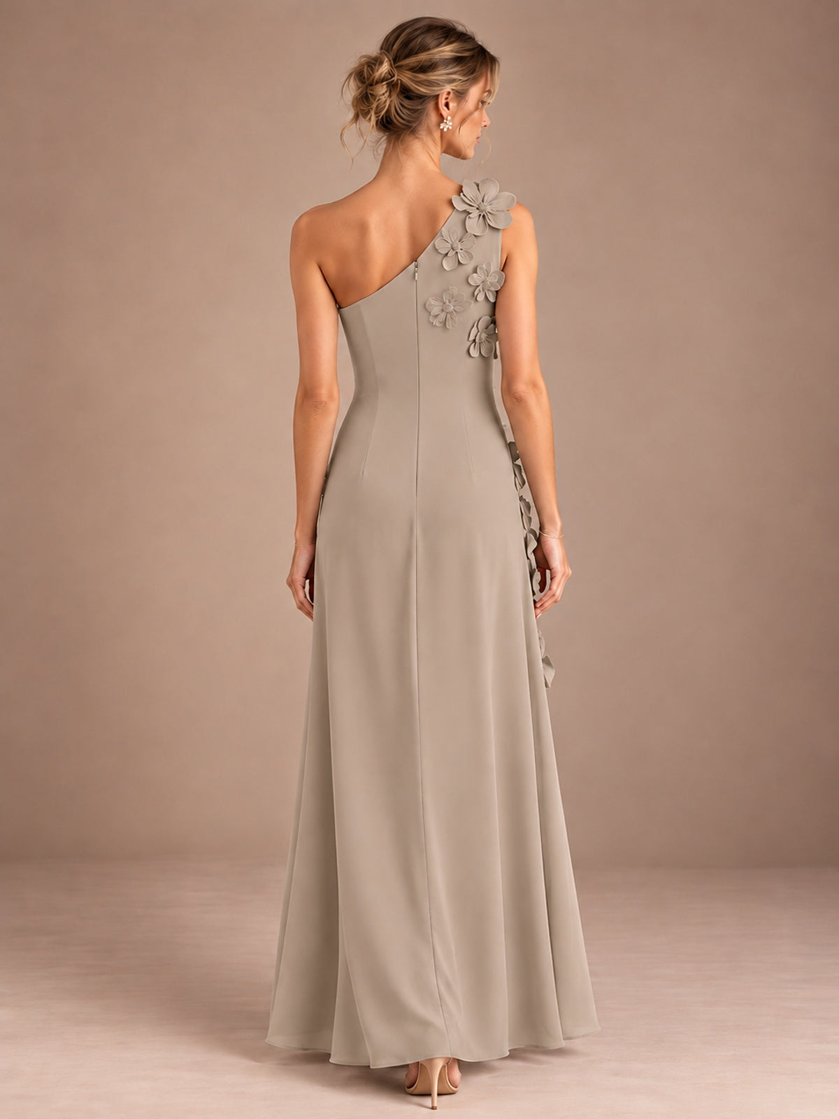 Sage Green One Shoulder Satin Formal Maxi Dress with 3D Floral
