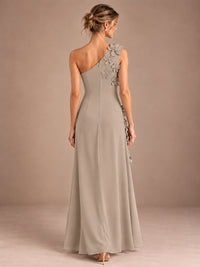 Sage Green One Shoulder Satin Formal Maxi Dress with 3D Floral