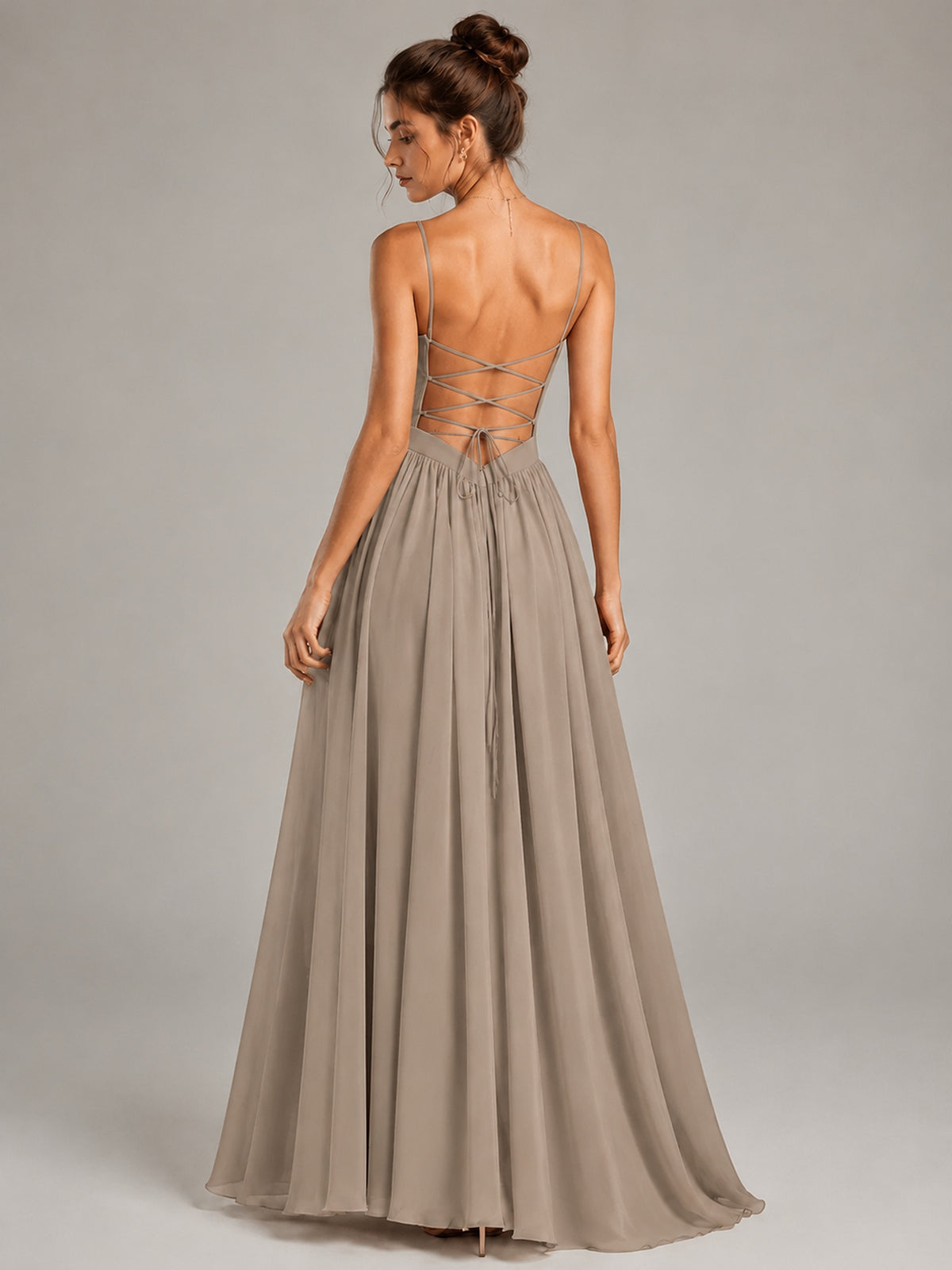 Spaghetti Strap Ruched Chiffon Maxi Dress with Backless
