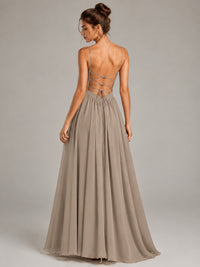 Spaghetti Strap Ruched Chiffon Maxi Dress with Backless