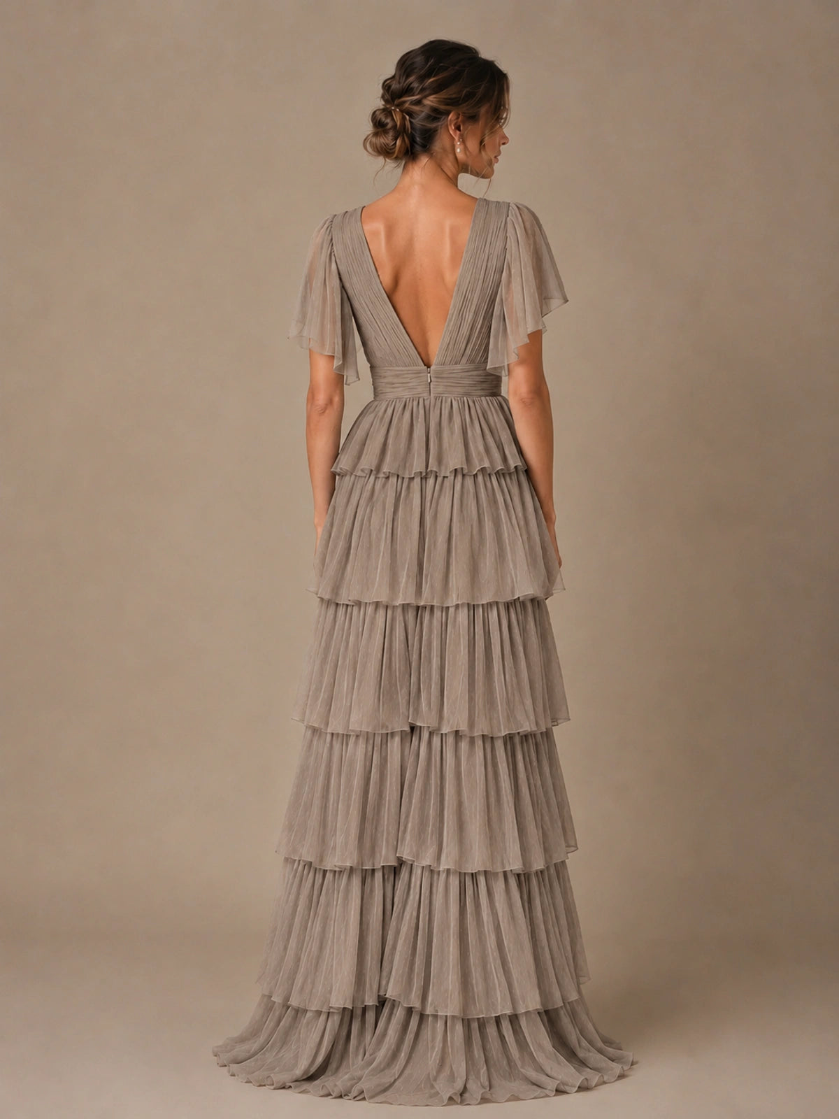 Chiffon V-Neck Tiered Ruffle Bridesmaid Dress with Slit