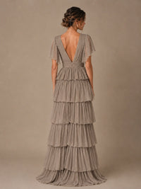 Chiffon V-Neck Tiered Ruffle Bridesmaid Dress with Slit