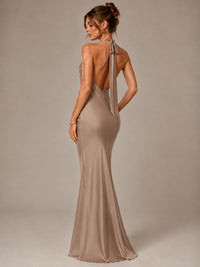 Olive Green Halter Satin Mermaid Maxi Dress