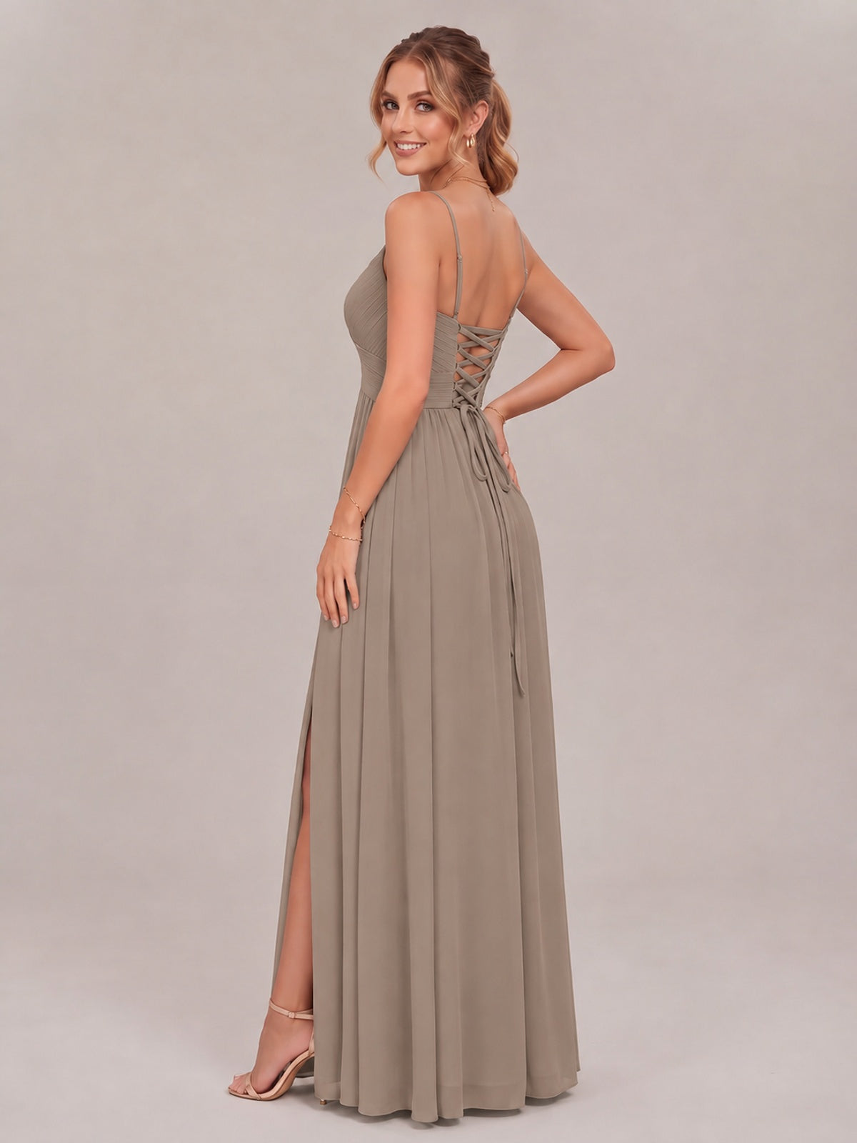 V-Neck Pleated Chiffon Long Bridesmaid Dress with Slit