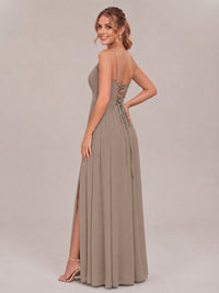 V-Neck Pleated Chiffon Long Bridesmaid Dress with Slit