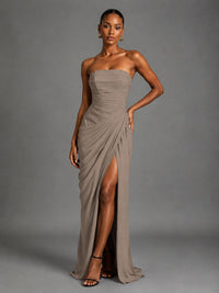 Strapless Bodycon Pleated Chiffon Formal Dress with Slit