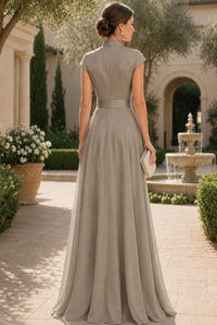 V Neck Cap Sleeve A-Line Floor-Length Satin Bridesmaid Dress