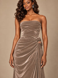 Burgundy Velvet Strapless Ruched Prom Dress with Jeweled Side Drape