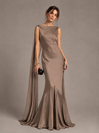 Burgundy Satin Mermaid Cape Maxi Dress