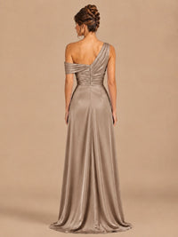 Satin One Shoulder Prom Dress Ruched Long Formal Evening Gown