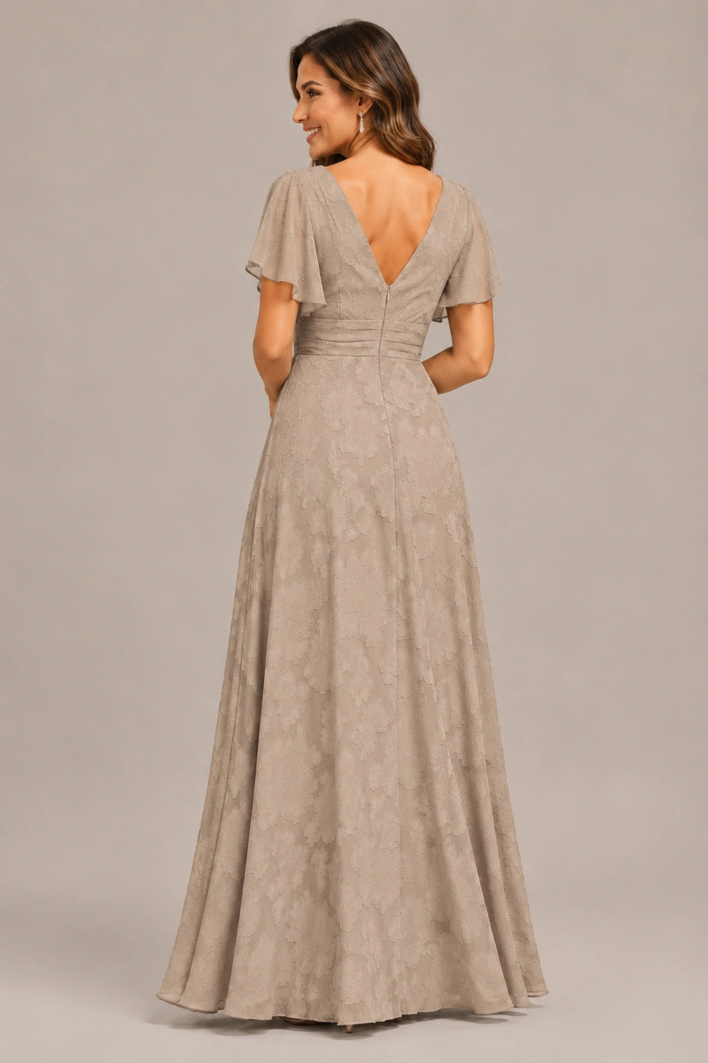 Jovellee Floral Chiffon A-Line Mother of the Bride Dress with Flutter Sleeves