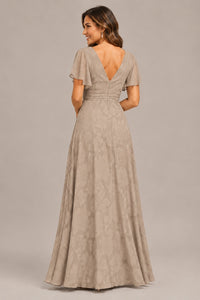 Jovellee Floral Chiffon A-Line Mother of the Bride Dress with Flutter Sleeves