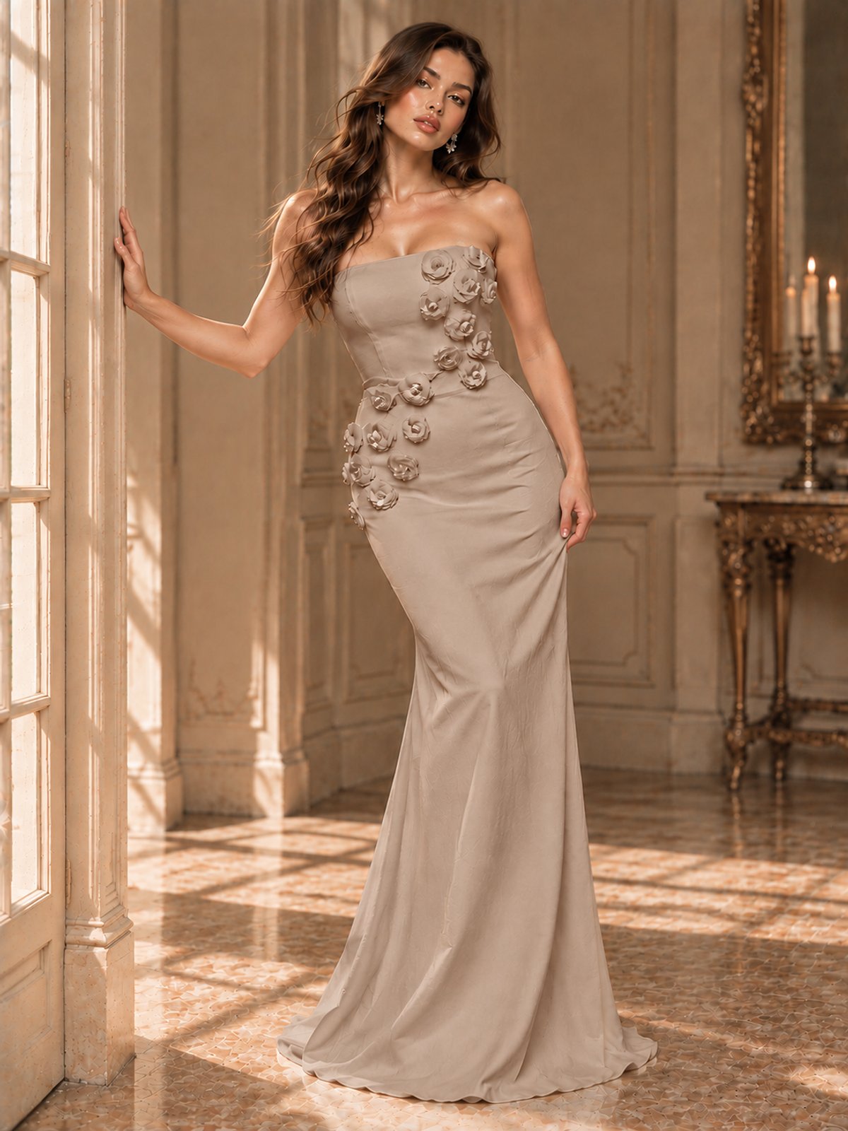 White Strapless Mermaid Maxi Dress with 3D Floral Appliques