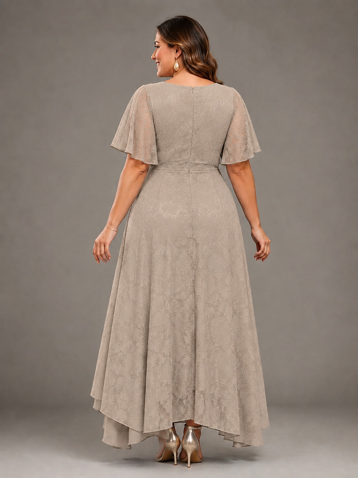 Jacquard Chiffon A-Line V-Neck High-Low Mother of the Bride Dress