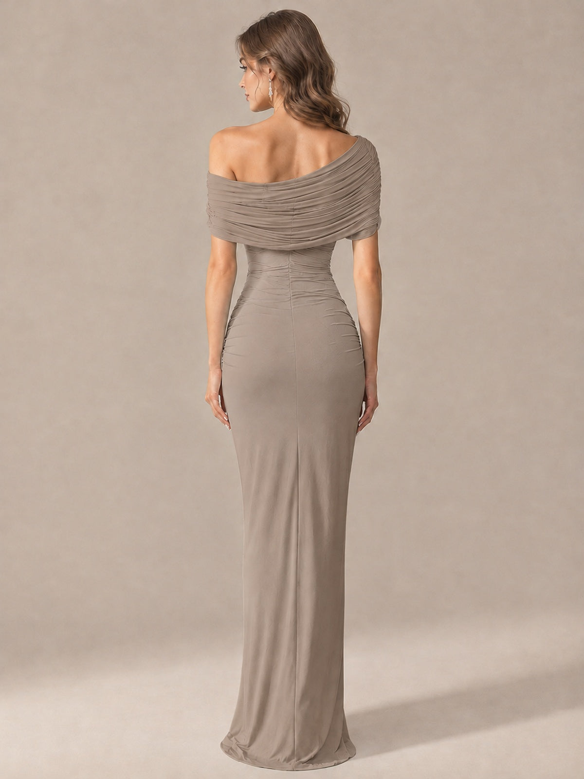 Elegant Draped Off Shoulder Ruched Mermaid Chiffon Formal Evening Gown