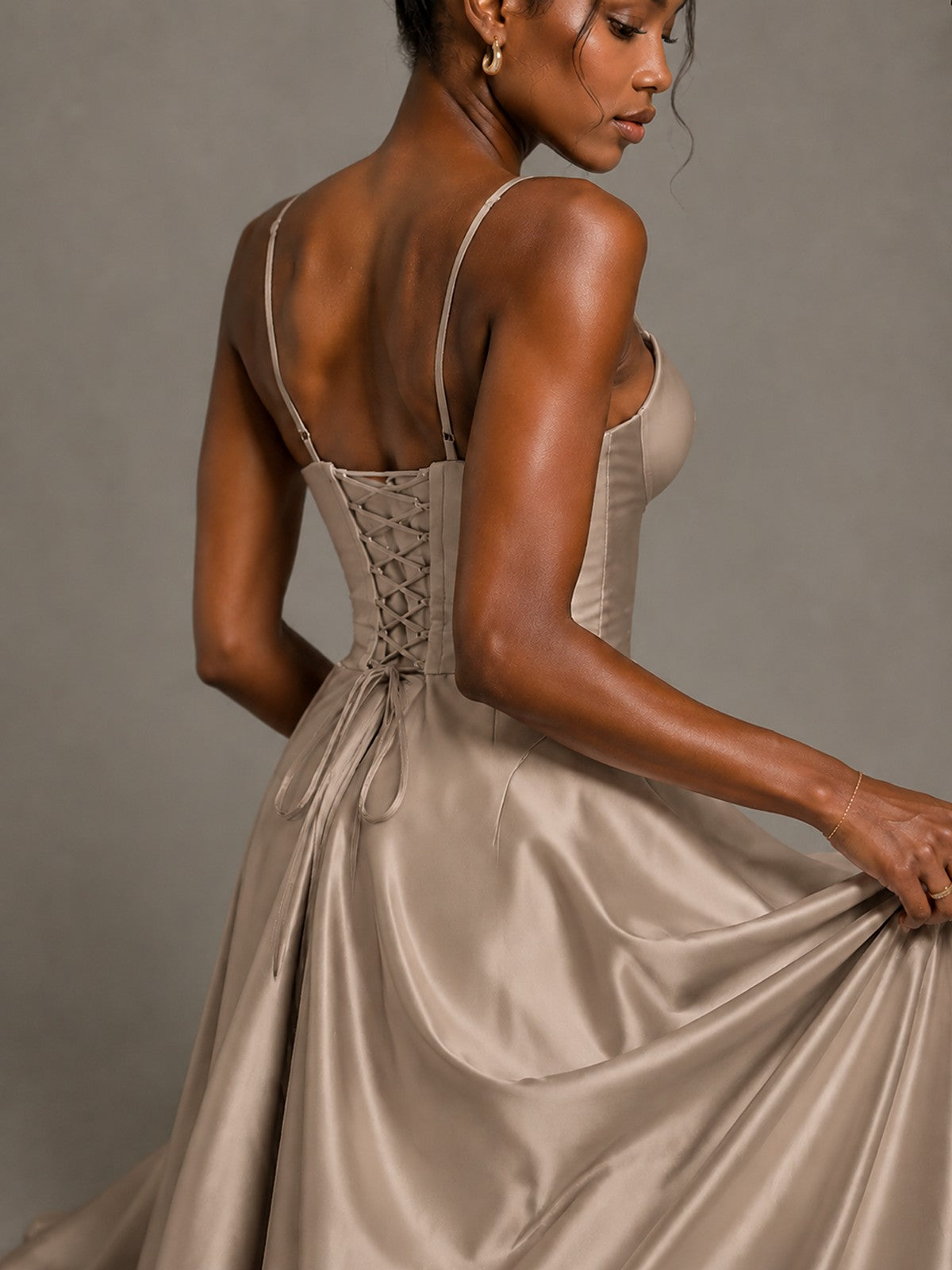 Lavender V Neck Satin Prom Dress with Spaghetti Straps