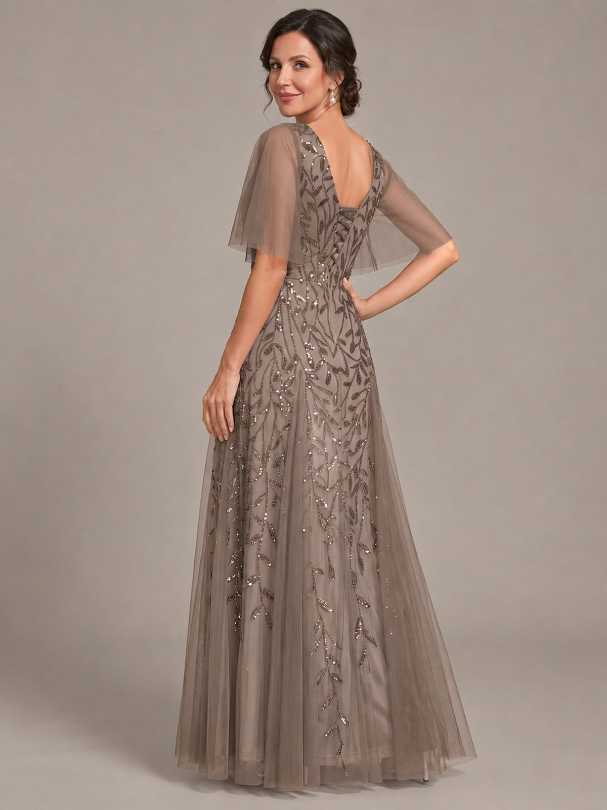 V-Neck Sequin Tulle Mother of the Bride Dress with Flutter Sleeve