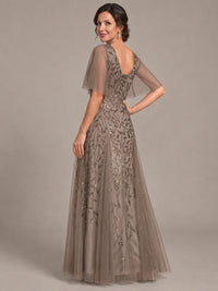 V-Neck Sequin Tulle Mother of the Bride Dress with Flutter Sleeve