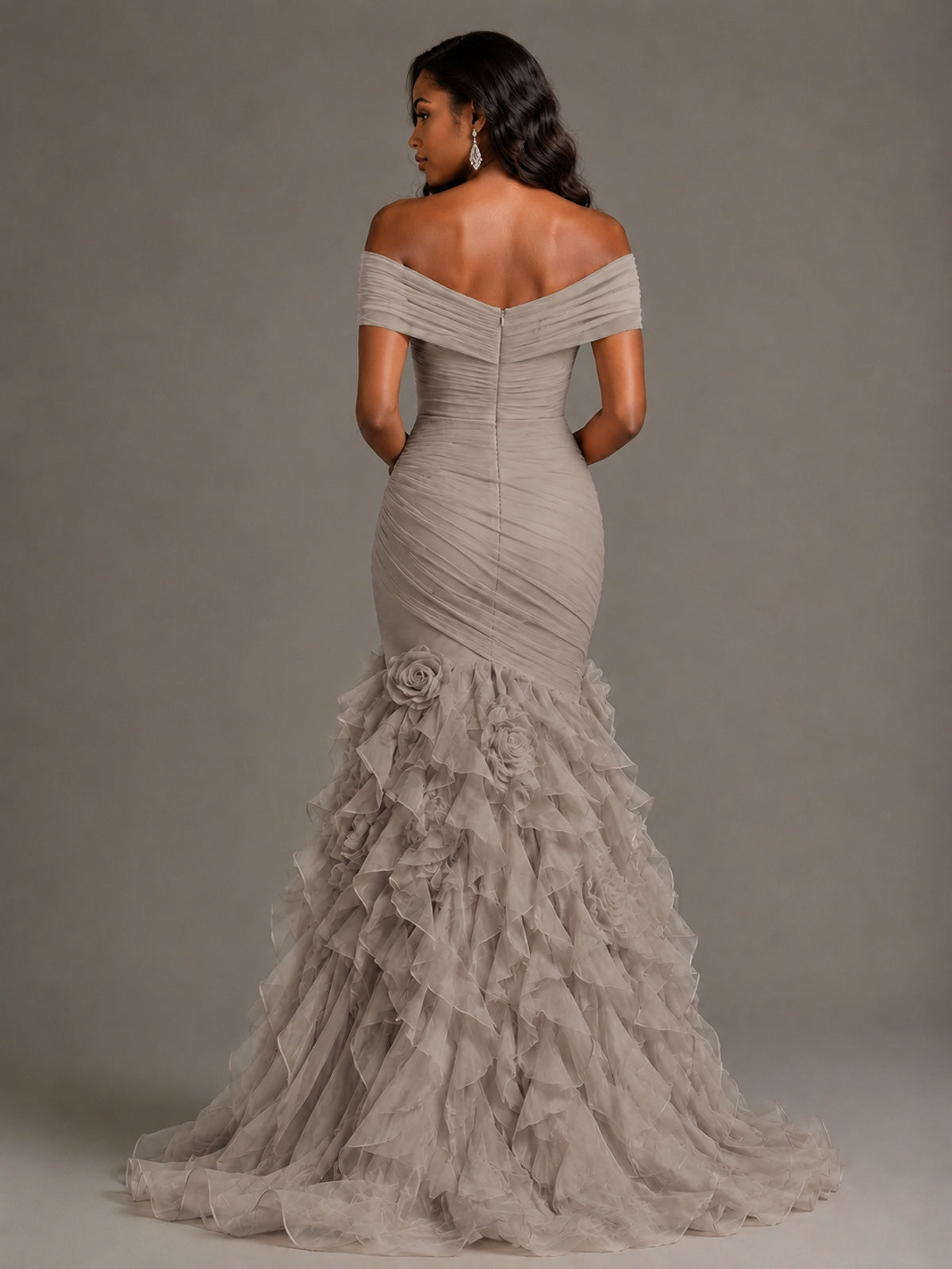 Pink Off-the-Shoulder Mermaid Prom Dress with Ruffles 3D Flowers