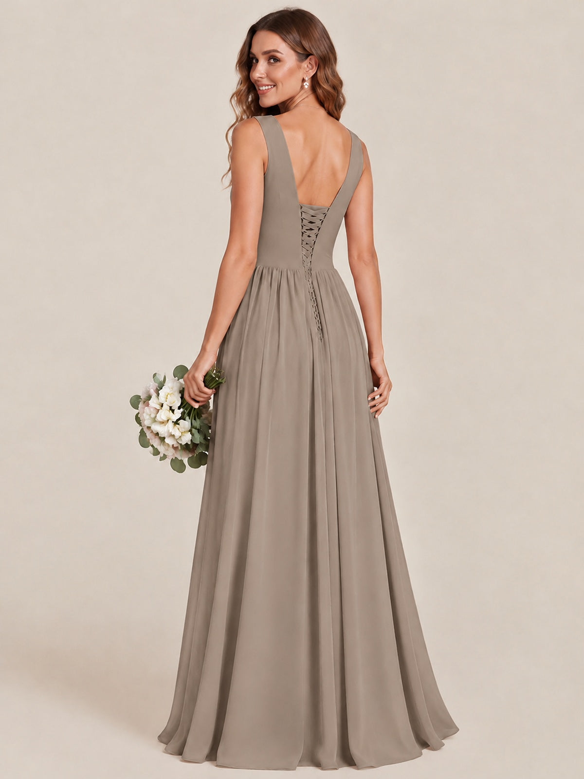 A-line Sleeveless Rucehd Chiffon Bridesmaid Dress with High Slit